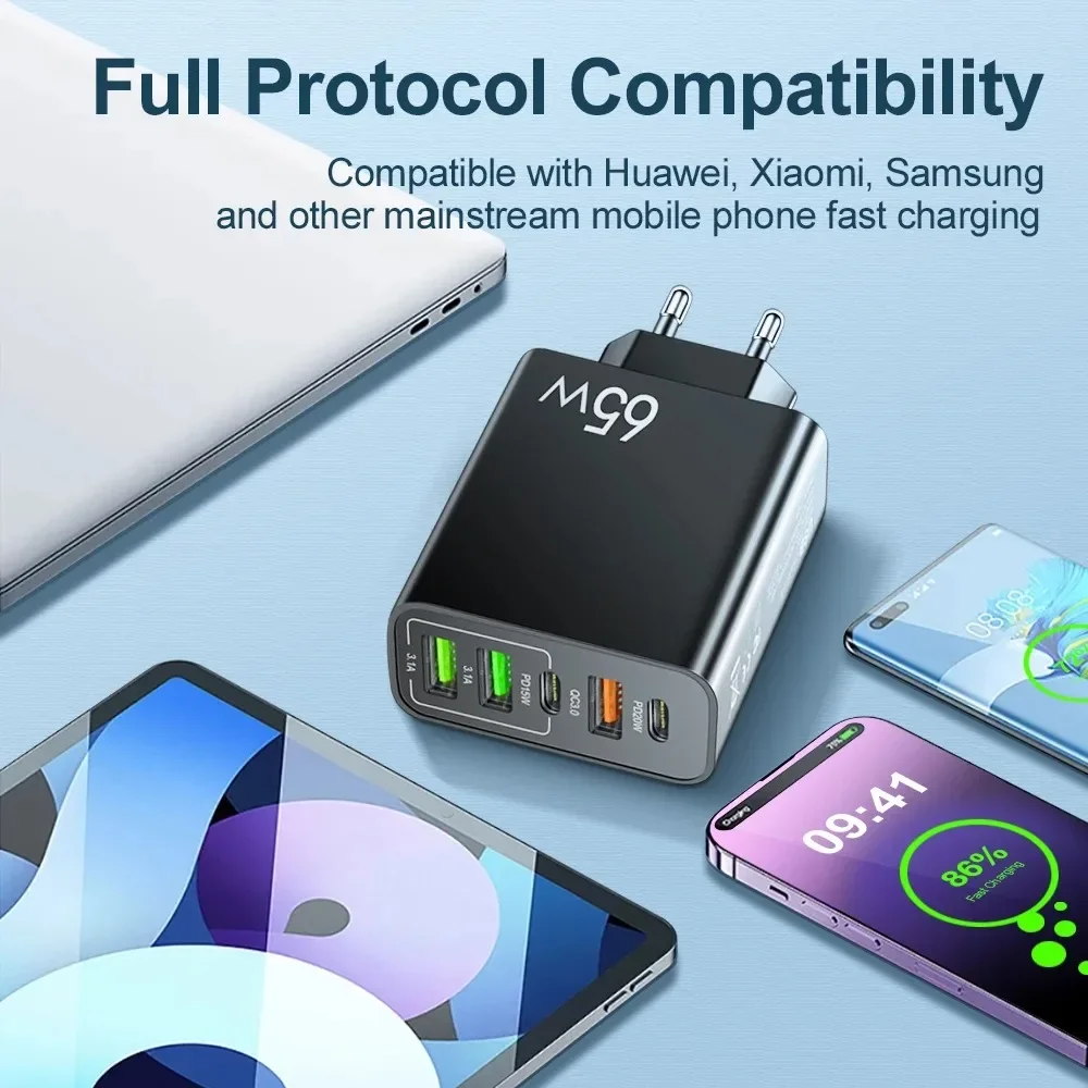 65W 5 Ports USB C Charger Fast Charging Phone Charger Power Adapter For iPhone Samsung Xiaomi Type C Quick Charge Wall Charger