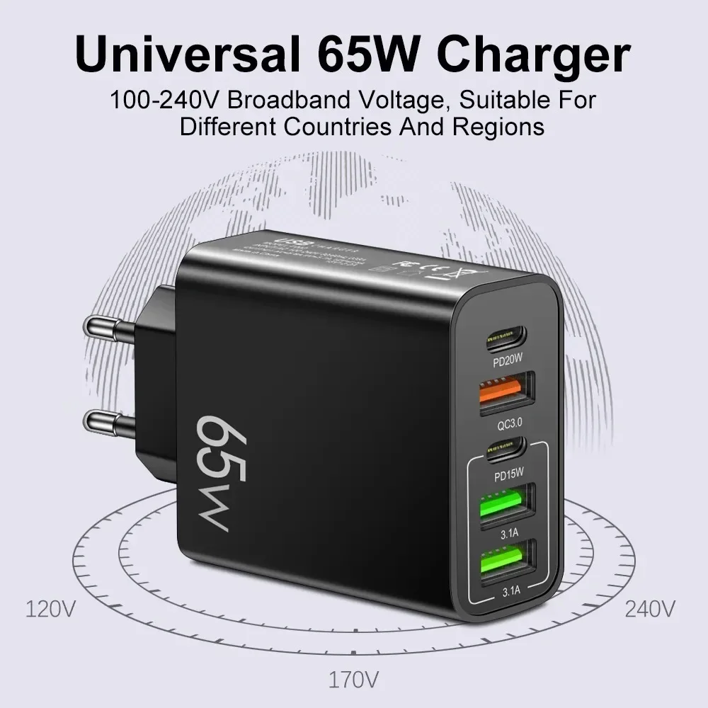 65W 5 Ports USB C Charger Fast Charging Phone Charger Power Adapter For iPhone Samsung Xiaomi Type C Quick Charge Wall Charger