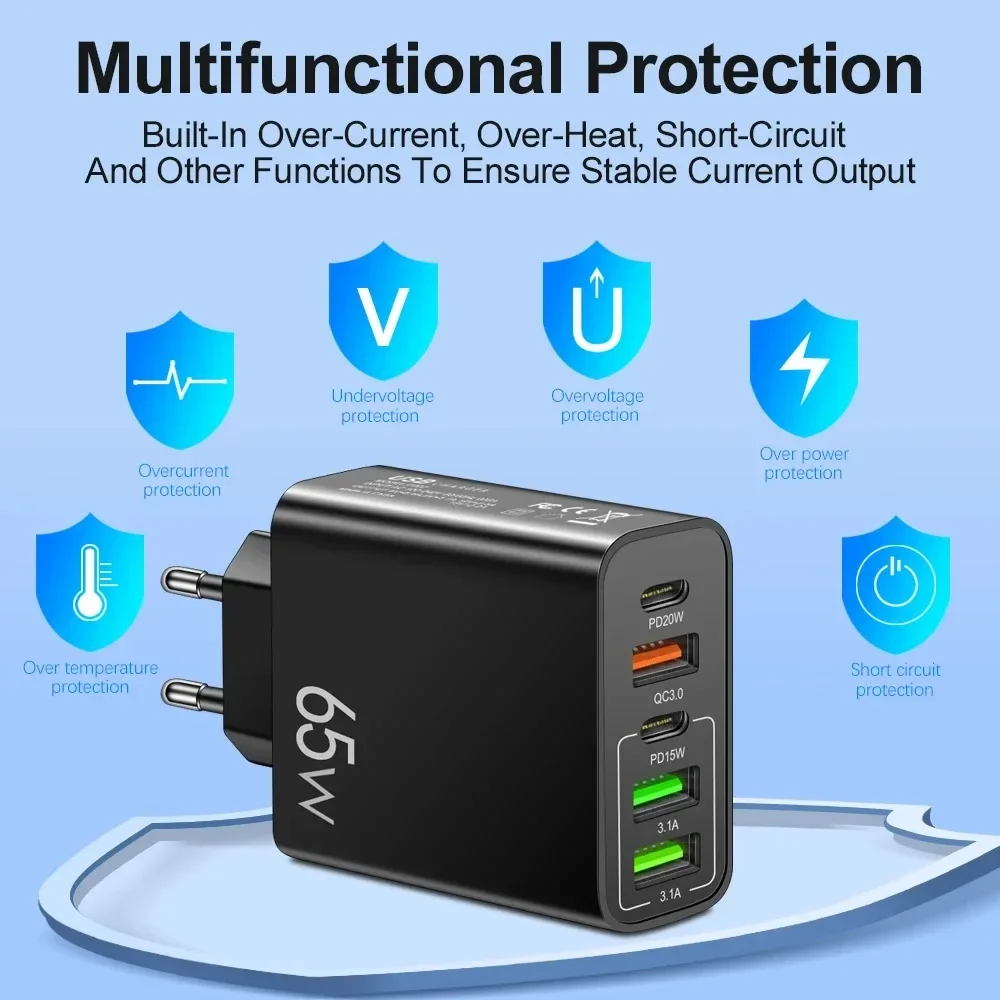 65W 5 Ports USB C Charger Fast Charging Phone Charger Power Adapter For iPhone Samsung Xiaomi Type C Quick Charge Wall Charger