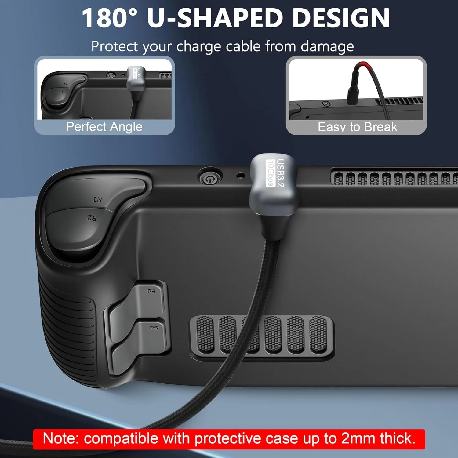 U Shape USB C PD 100W Fast Charging Cable 180 Degree Angled Type-C USB 3.2 10Gbps 4K@60Hz Display Cord for Laptop VR Phones Pads