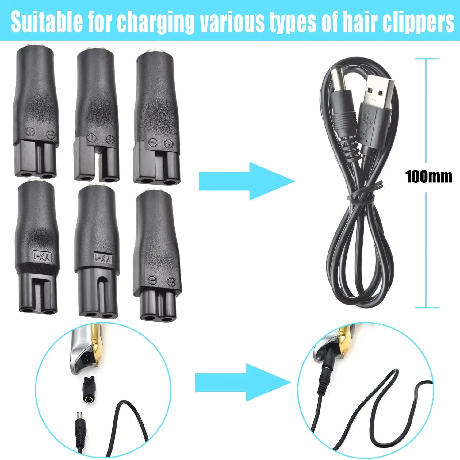 7 PCS Power Cord 5V Replacement Charger USB Adapter Suitable for Electric Hair Clippers, Beard Trimmers, Shavers, Beauty Instrum