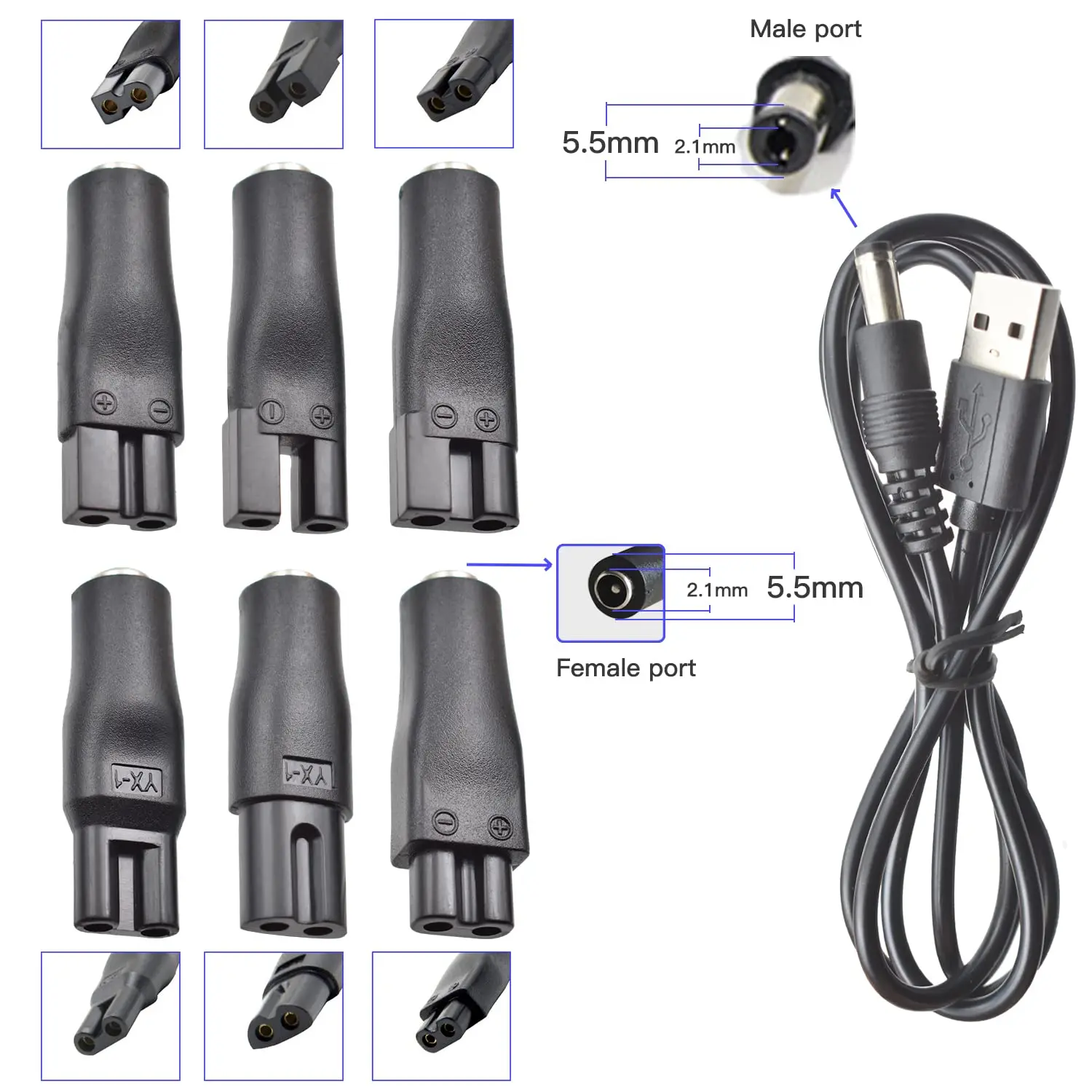 7 PCS Power Cord 5V Replacement Charger USB Adapter Suitable for Electric Hair Clippers, Beard Trimmers, Shavers, Beauty Instrum