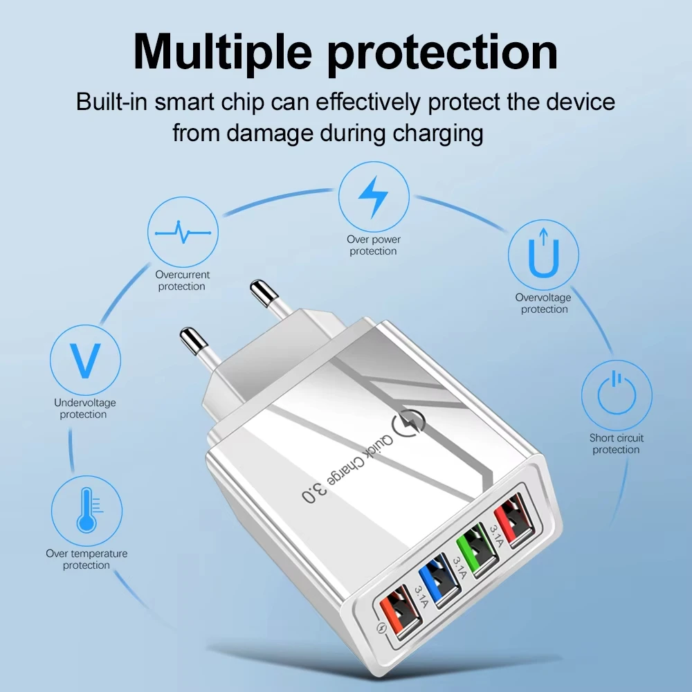 3A USB Charger 4 Port USB Quick Charge 3.0 EU US Plug Mobile Phone Charger Wall Adapter Portable Fast Charging For iPhone 16 Pro