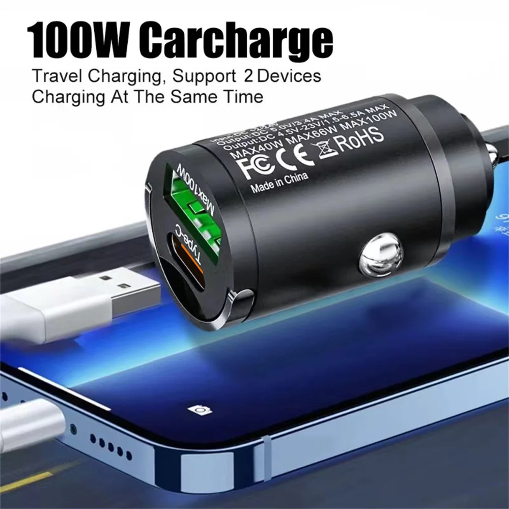 USB 100W Mini Car Charger Fast Charging Head Cigarette Lighter in Car For Xiaomi Samsung Huawei QC3.0 PD Type C Car Phone Charge