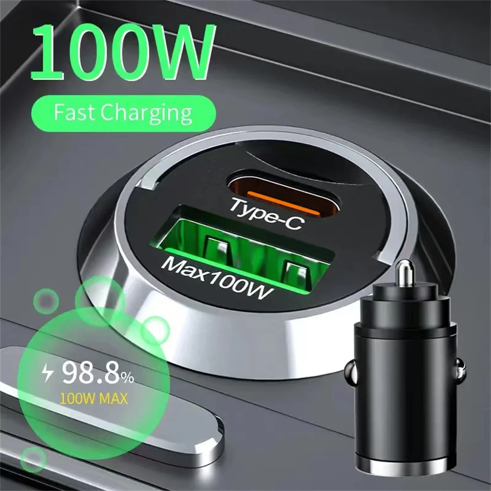 USB 100W Mini Car Charger Fast Charging Head Cigarette Lighter in Car For Xiaomi Samsung Huawei QC3.0 PD Type C Car Phone Charge