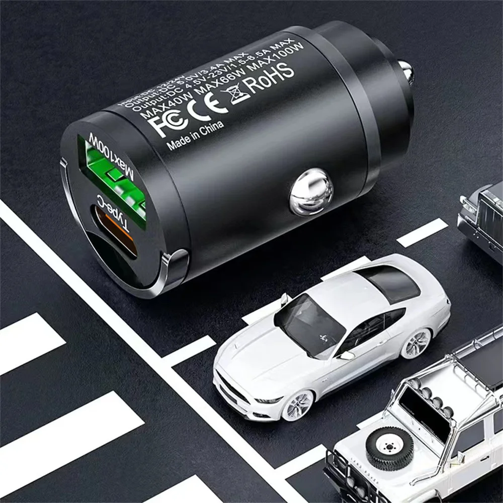 USB 100W Mini Car Charger Fast Charging Head Cigarette Lighter in Car For Xiaomi Samsung Huawei QC3.0 PD Type C Car Phone Charge