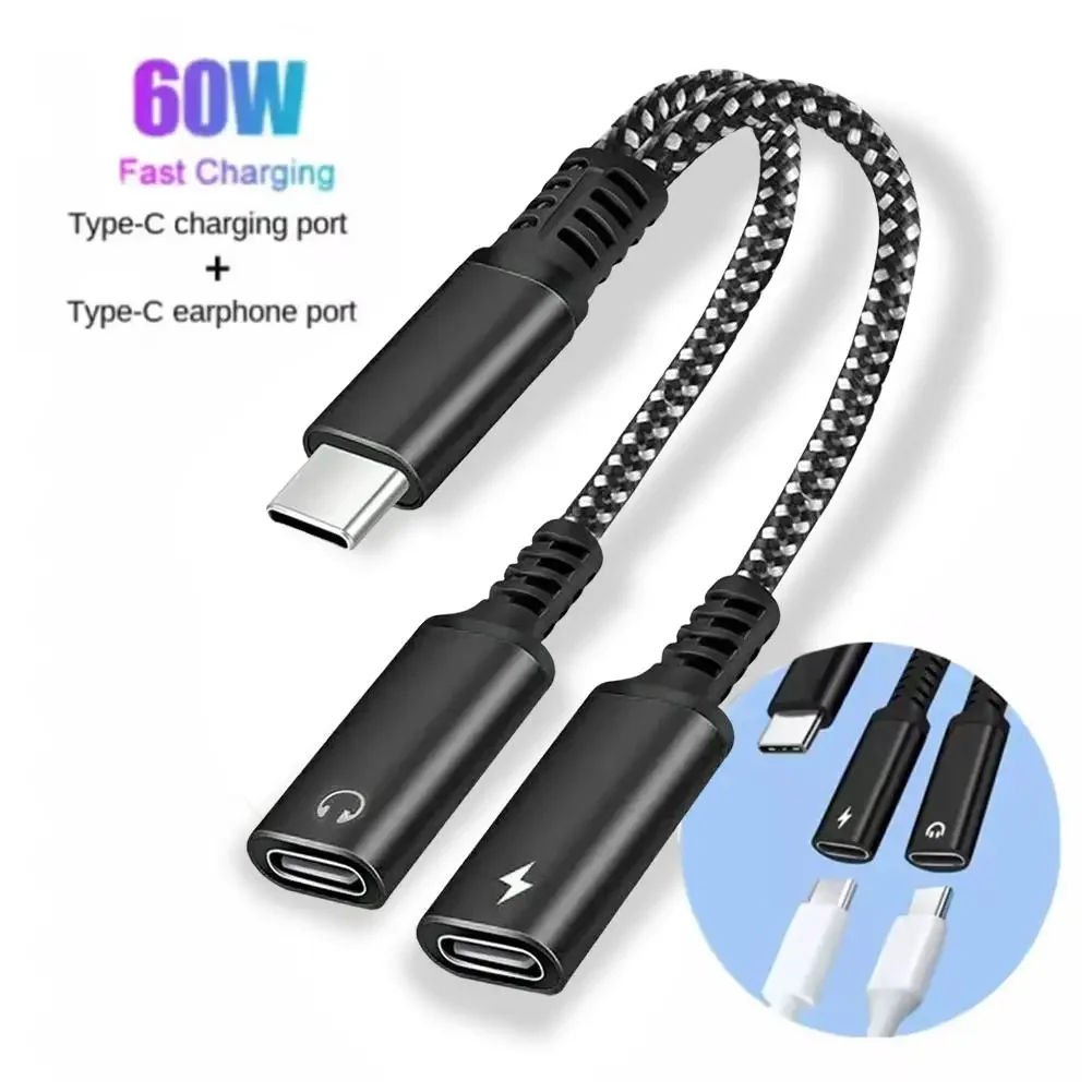 30w Type C Splitter To Dual Type USB C Headphone Jack Audio Adapter Fast Charging Connector For Samsung IPhone 2 In 1 K7N8