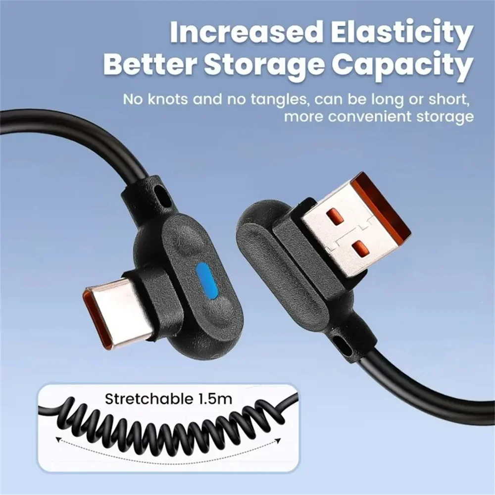 6A Fast Charging Short Spring Data Cable USB Type C Elbow Quick Charge Wire for Samsung Huawei Xiaomi Phone Charger Sync Cord