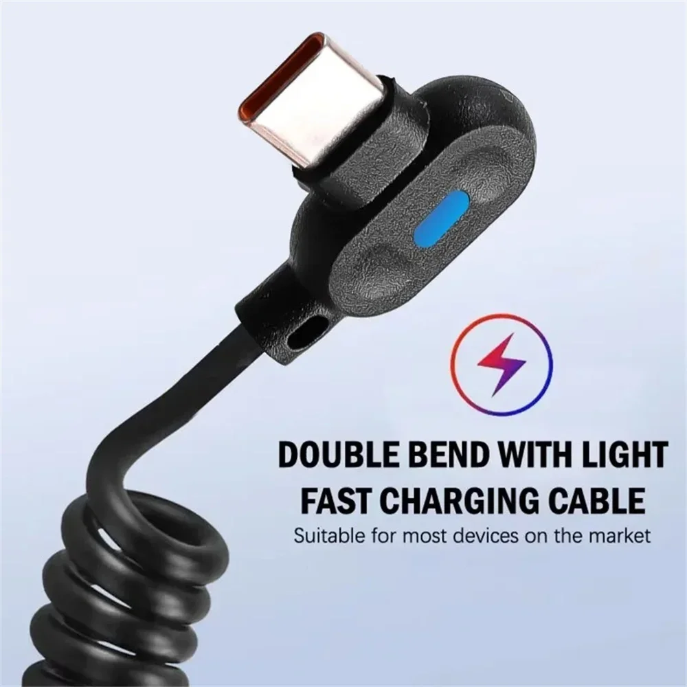 6A Fast Charging Short Spring Data Cable USB Type C Elbow Quick Charge Wire for Samsung Huawei Xiaomi Phone Charger Sync Cord