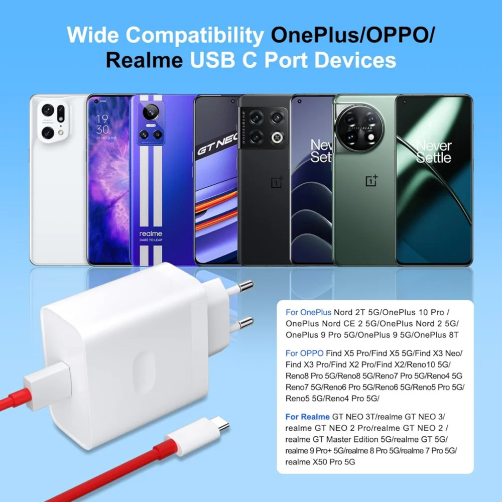 80W Ultra Fast EU Charger For OnePlus 8T 9 10 11 12 Pro 13 15 Nord 2 2T 3 4 5 CE 3 N200 N300 5G Type C USB Quick Charging Cable