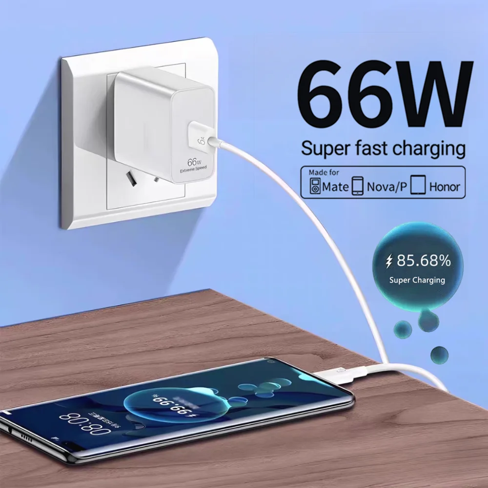 6A 66W Super Fast Charger For Huawei P50 P60 Mate 40 50 60 Nova 11i 12s 13 Pro HONOR 200 300 X8c Type C USB Quick Charging Cable