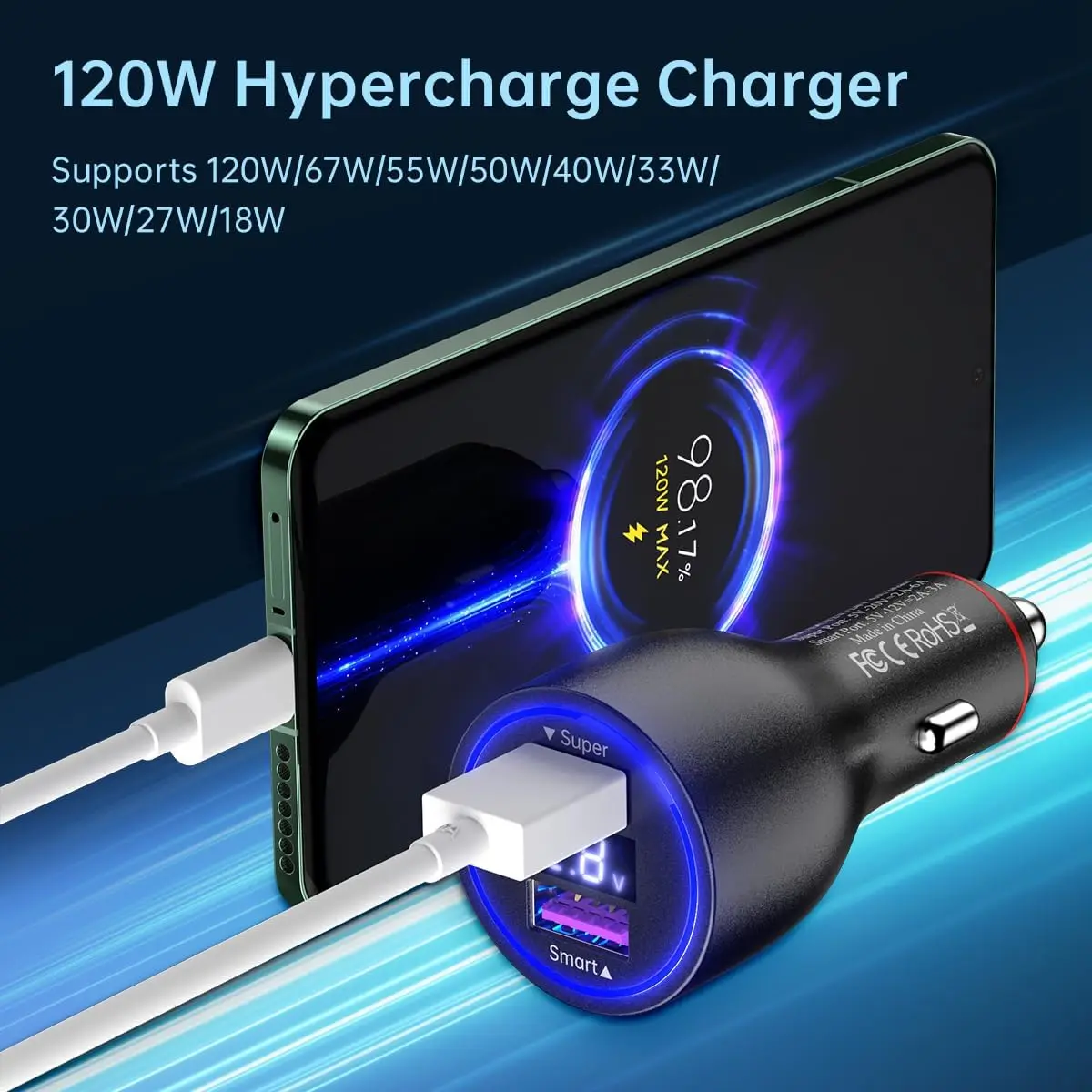 For Xiaomi Car Charger 120W 100W HyperCharge Super Fast Charging In Car Cargador Auto For Mi 17 15 14 13 12 Poco F8 X7 X6 Redmi