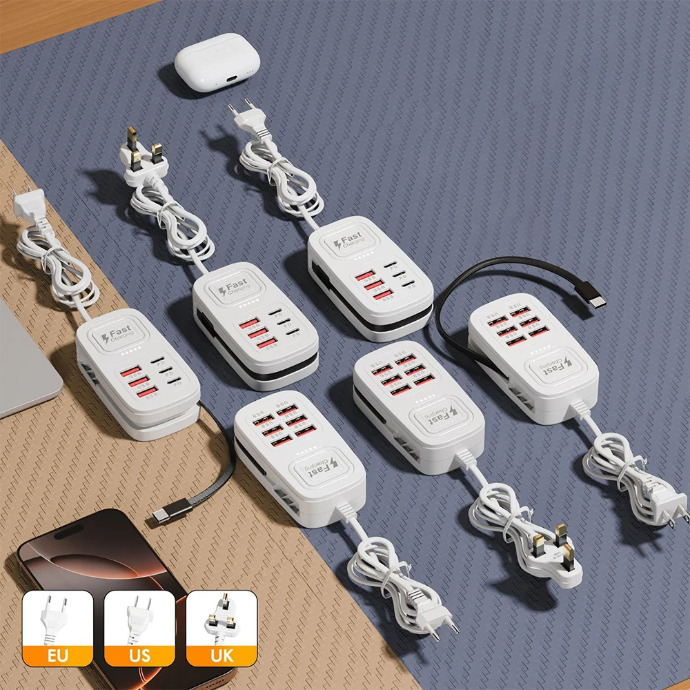 6 in 1 Fast Charging Power Strip 3USB+3Type-C Mobile Phone EU/UK/US Plug Desktop Charger Station USB HUB Adapter Socket 1m Cable