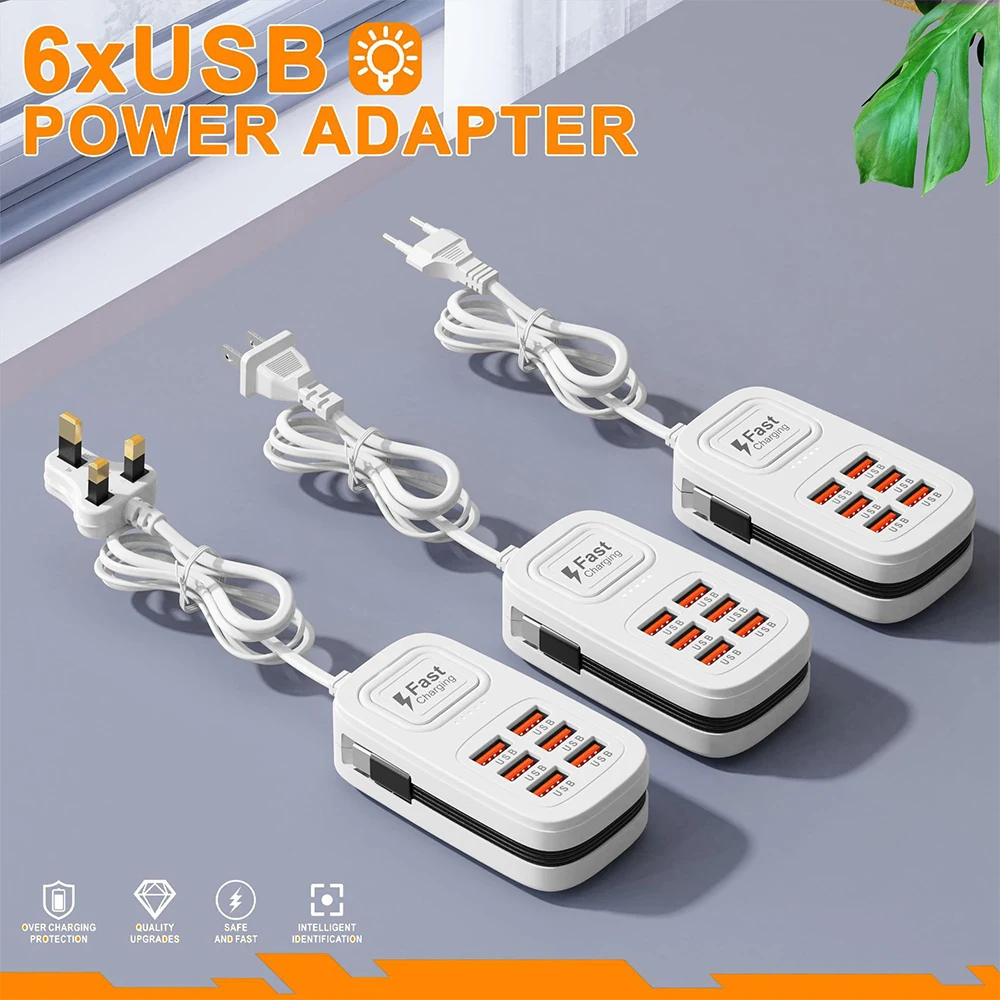 6 in 1 Fast Charging Power Strip 3USB+3Type-C Mobile Phone EU/UK/US Plug Desktop Charger Station USB HUB Adapter Socket 1m Cable
