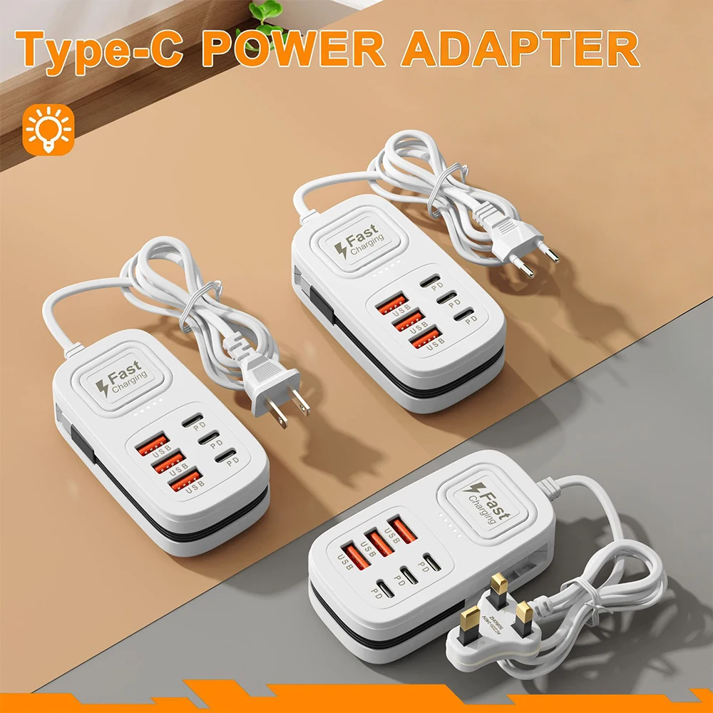6 in 1 Fast Charging Power Strip 3USB+3Type-C Mobile Phone EU/UK/US Plug Desktop Charger Station USB HUB Adapter Socket 1m Cable