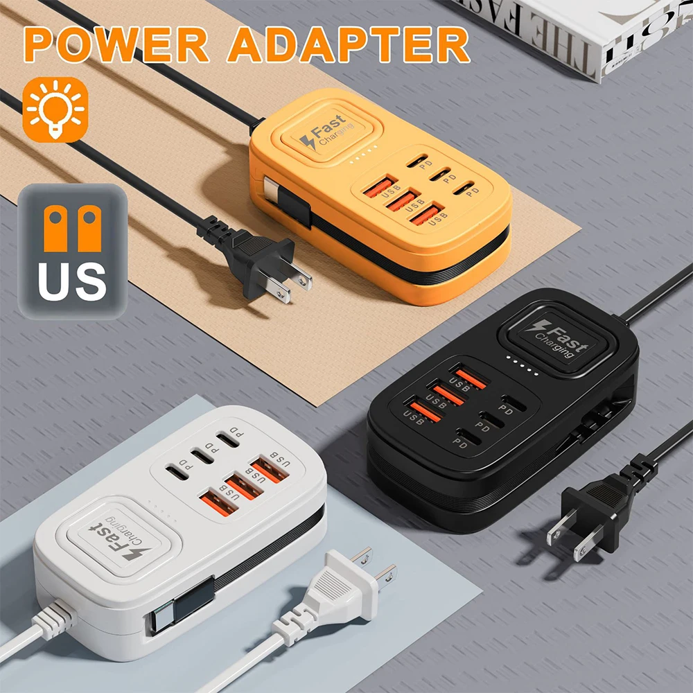 6 in 1 Fast Charging Power Strip 3USB+3Type-C Mobile Phone EU/UK/US Plug Desktop Charger Station USB HUB Adapter Socket 1m Cable