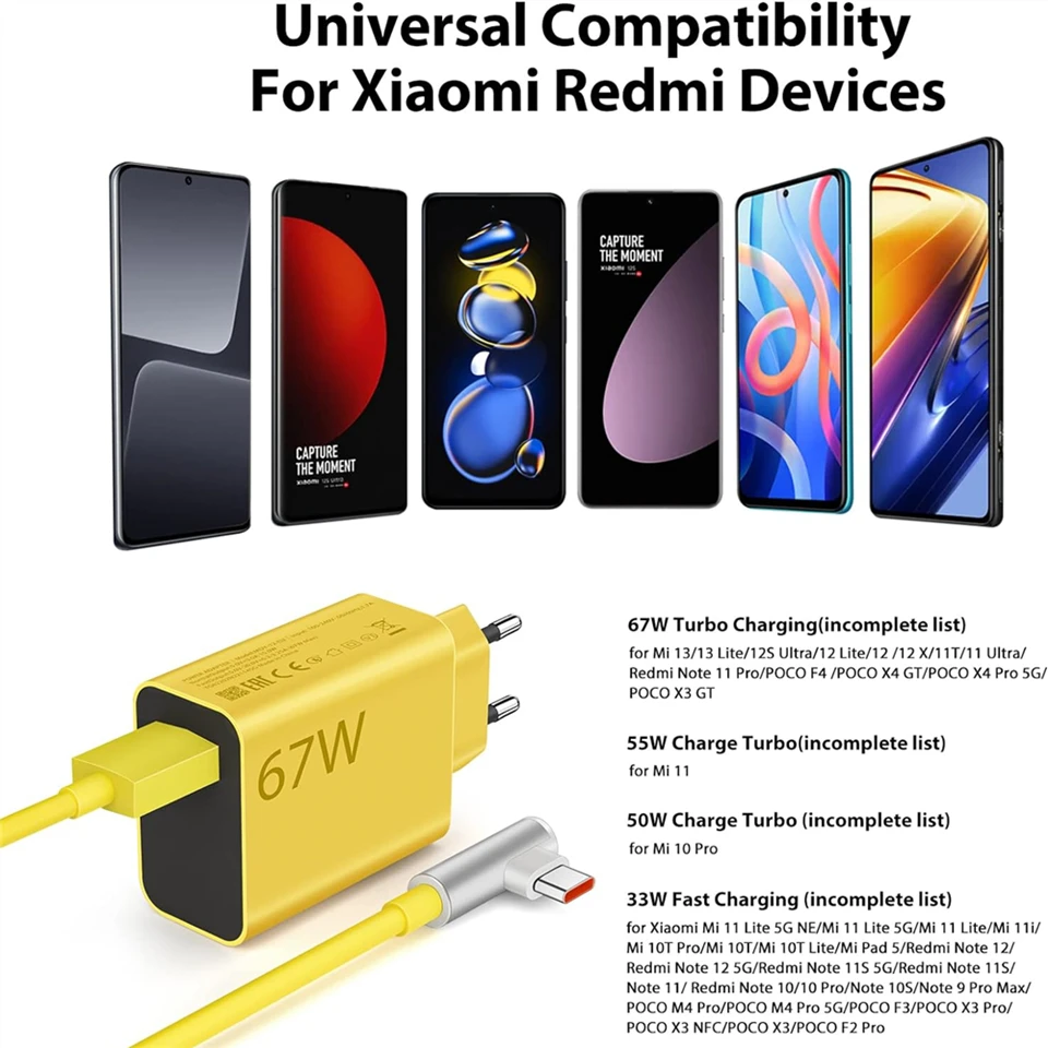 6A 67W Turbo Fast Charger For Xiaomi 11 12 13 14 15 Ultra Redmi Note 11T 12 13 POCO X4 X5 X6 Pro Type C USB Charging Elbow Cable