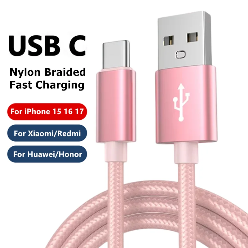 USB Type C Braided Cable For iPhone 15 16 17 Pro Max Fast Charging Data Cable For Samsung Xiaomi Redmi POCO Huawei Honor OnePlus