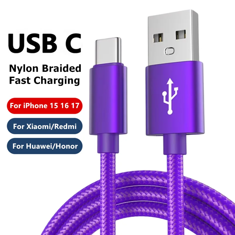 USB Type C Braided Cable For iPhone 15 16 17 Pro Max Fast Charging Data Cable For Samsung Xiaomi Redmi POCO Huawei Honor OnePlus