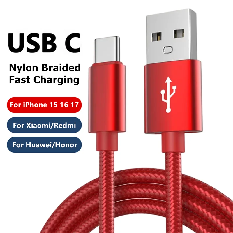 USB Type C Braided Cable For iPhone 15 16 17 Pro Max Fast Charging Data Cable For Samsung Xiaomi Redmi POCO Huawei Honor OnePlus