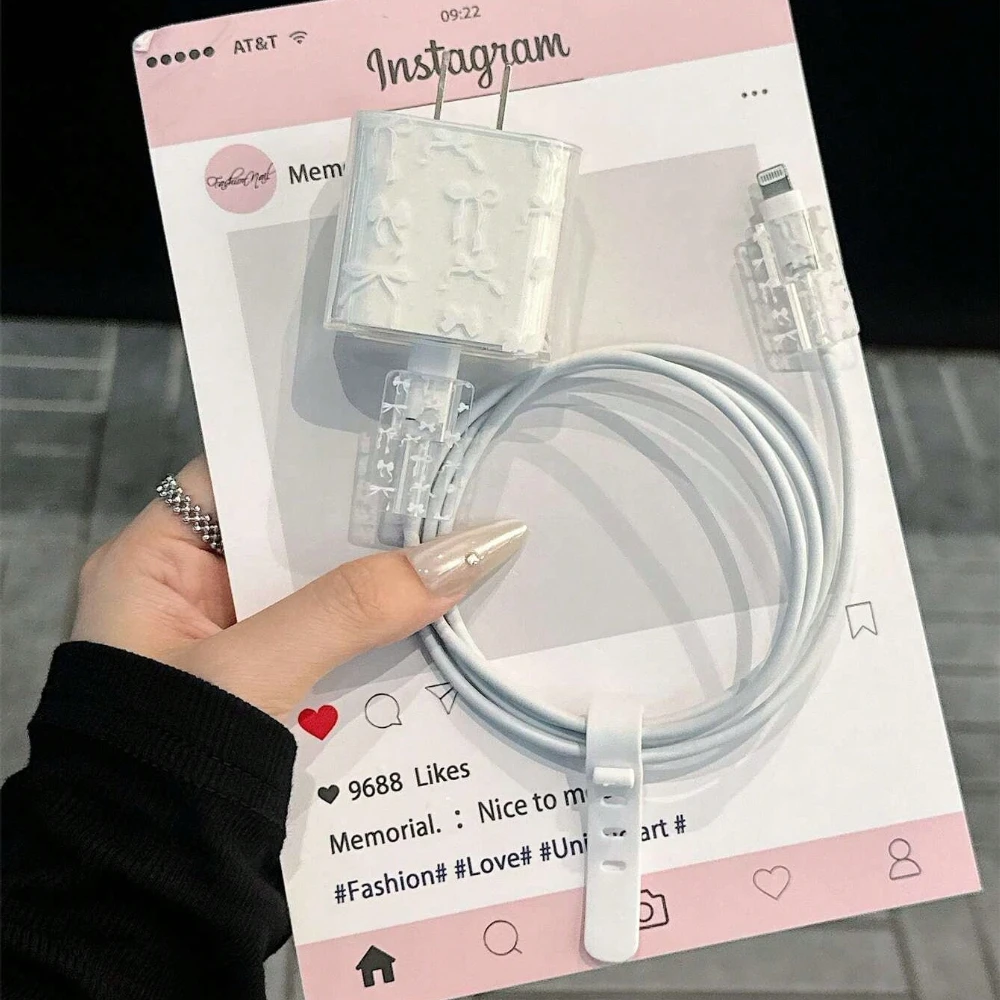 Cute Pink Flower Bowknot Pattern Soft Charger Case For iPhone 18/20W Charger Head Protective Sleeve Cable Protection Cover