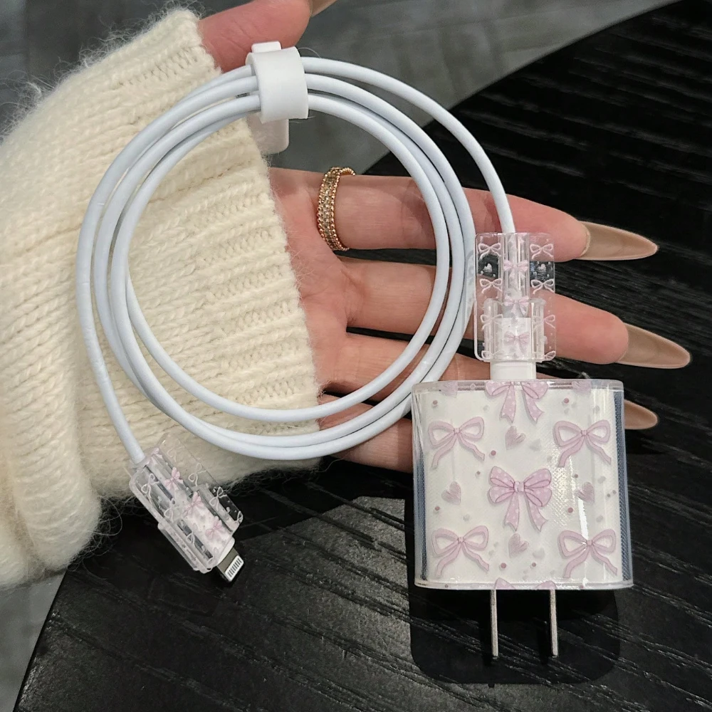 Cute Pink Flower Bowknot Pattern Soft Charger Case For iPhone 18/20W Charger Head Protective Sleeve Cable Protection Cover