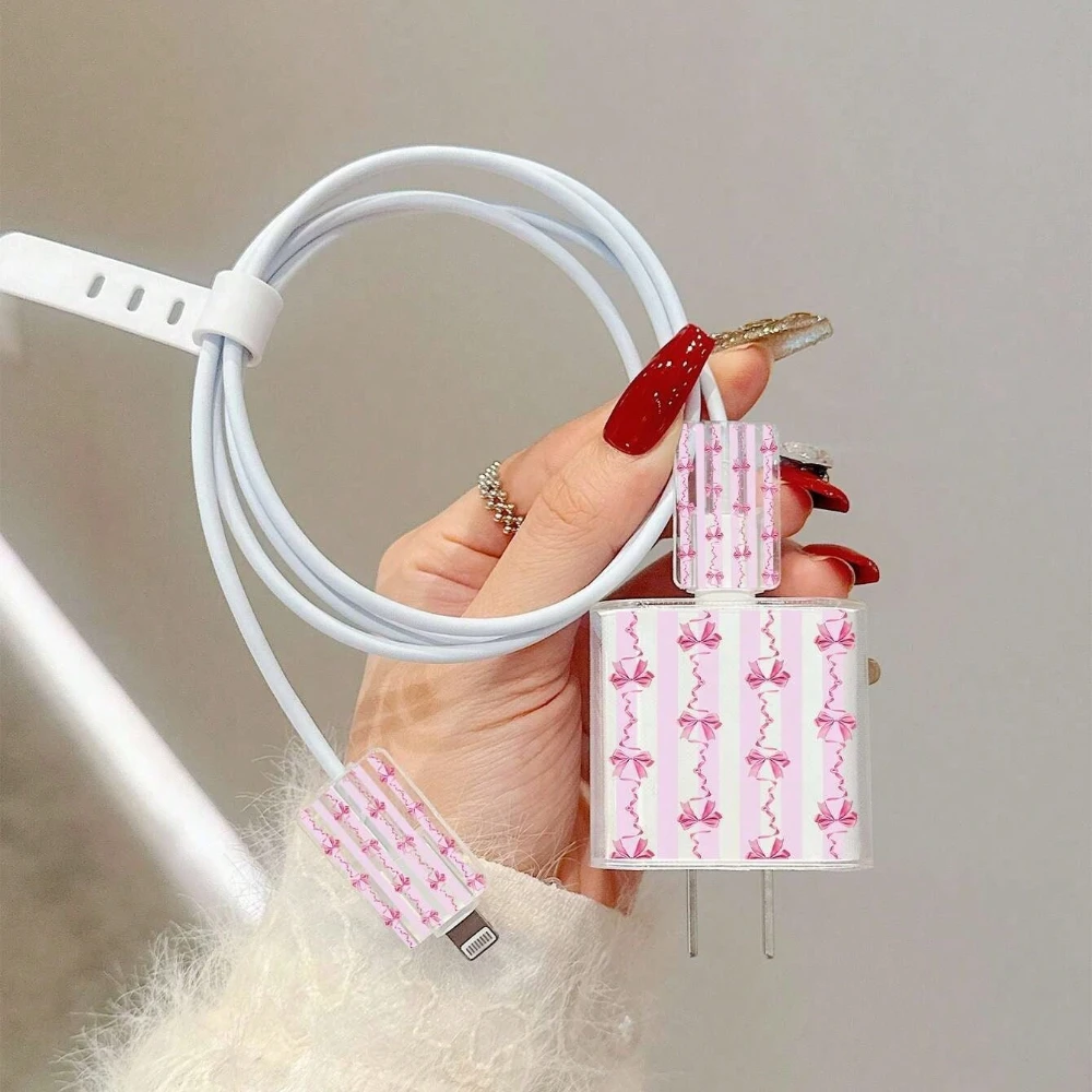 Cute Pink Flower Bowknot Pattern Soft Charger Case For iPhone 18/20W Charger Head Protective Sleeve Cable Protection Cover