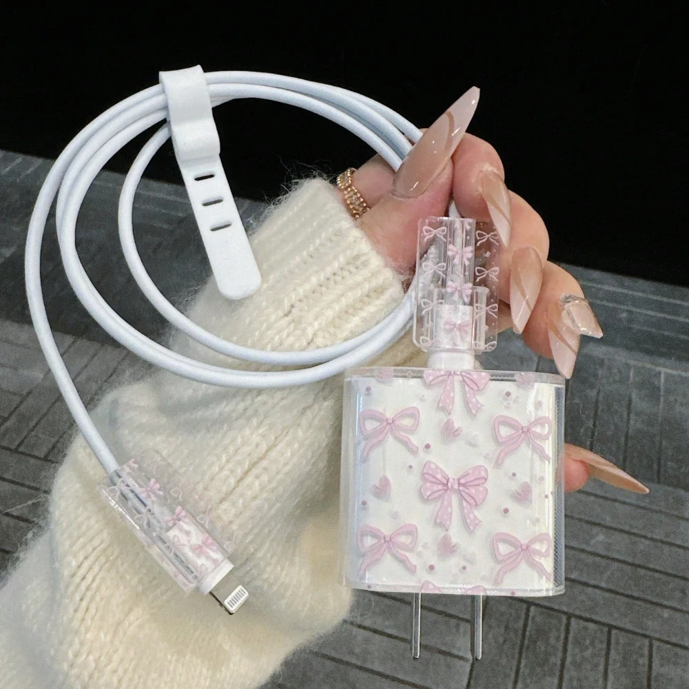 Cute Pink Flower Bowknot Pattern Soft Charger Case For iPhone 18/20W Charger Head Protective Sleeve Cable Protection Cover