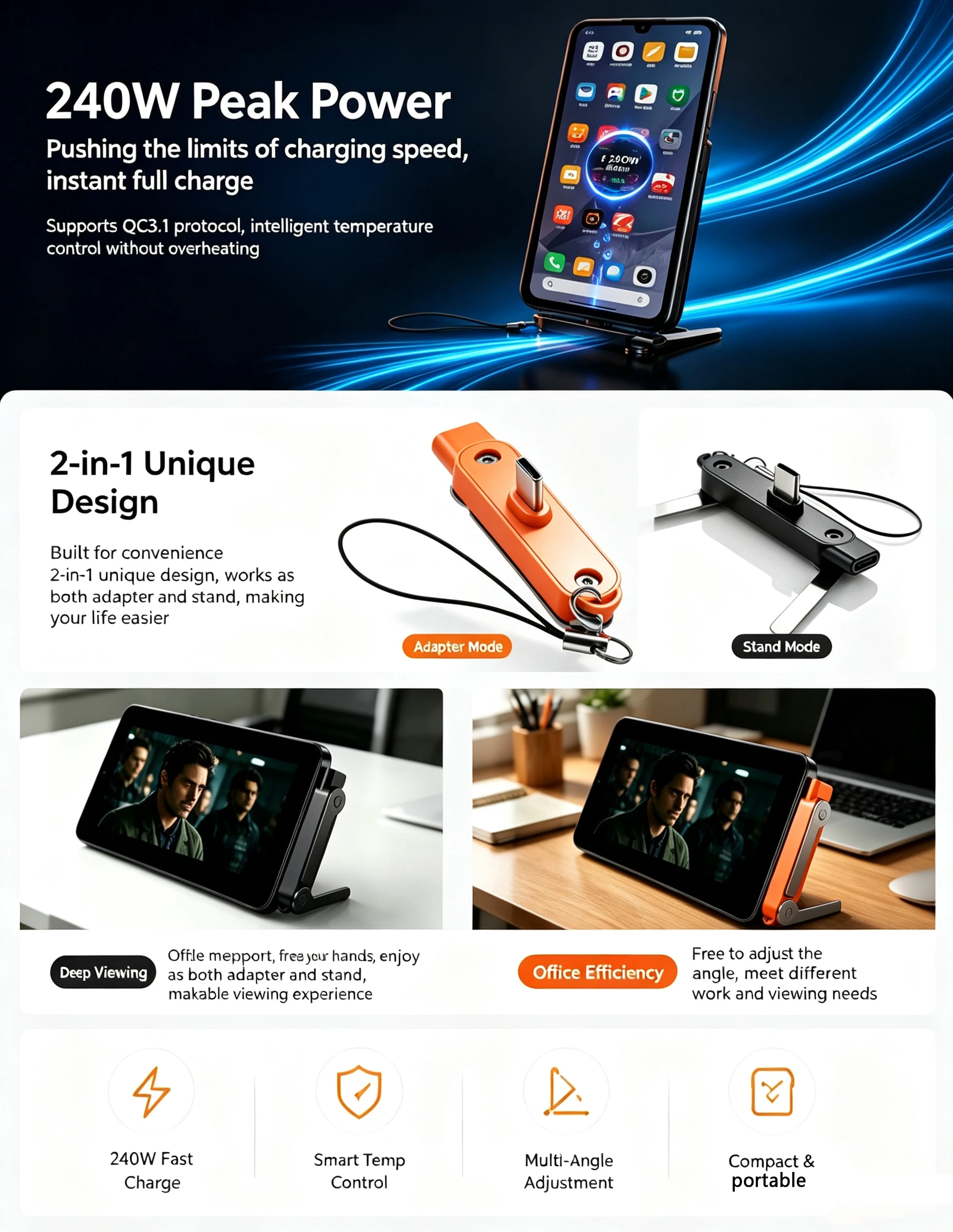 Type C Phone Charging Bracket Adapter 240W Fast Charging OTG Type-C Male to USB-C Female Converter With foldable Holder