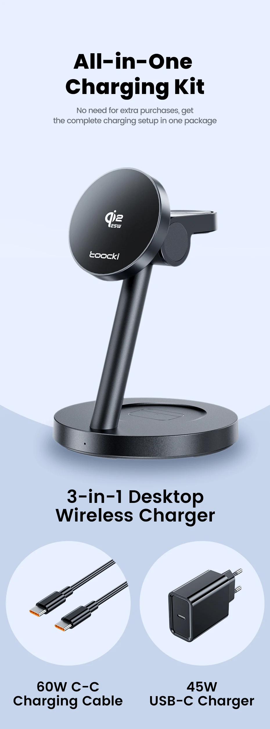 Toocki Qi2.2 25W Magnetic Charger 25W 15W Fast Charge 3-in-1 Wireless Desktop Charger For Samsung iPhone Watch AirPods Earphone