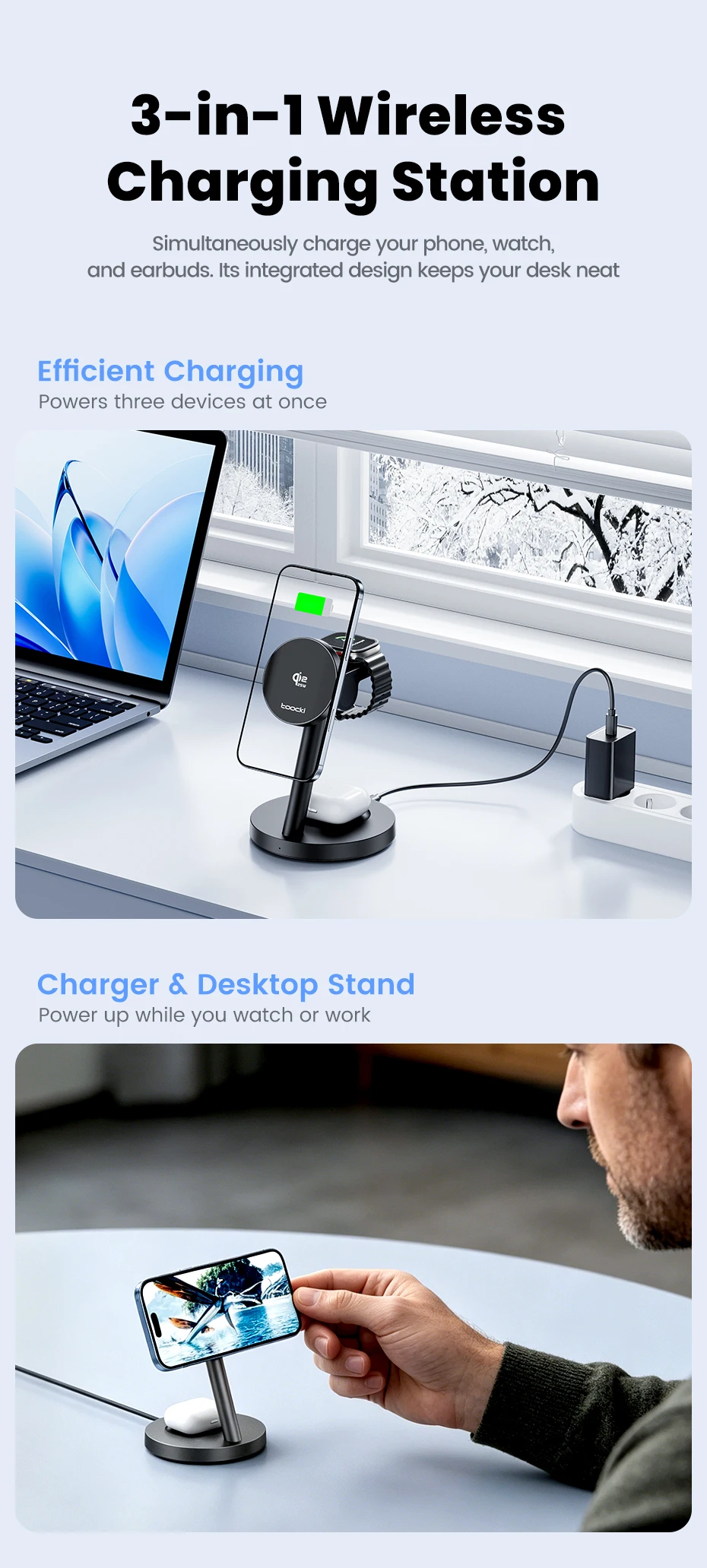 Toocki Qi2.2 25W Magnetic Charger 25W 15W Fast Charge 3-in-1 Wireless Desktop Charger For Samsung iPhone Watch AirPods Earphone