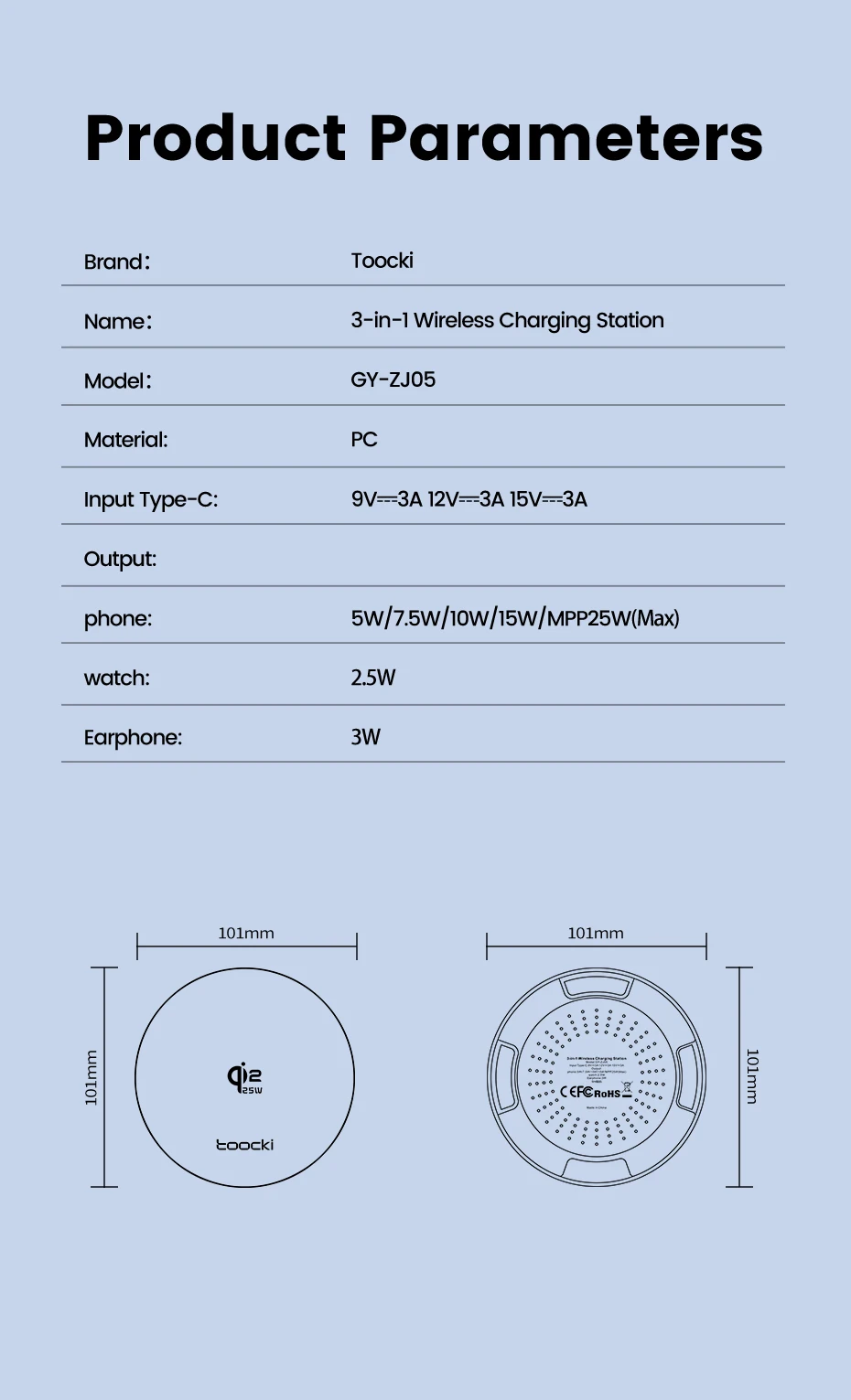 Toocki Qi2.2 25W Magnetic Charger 25W 15W Fast Charge 3-in-1 Wireless Desktop Charger For Samsung iPhone Watch AirPods Earphone