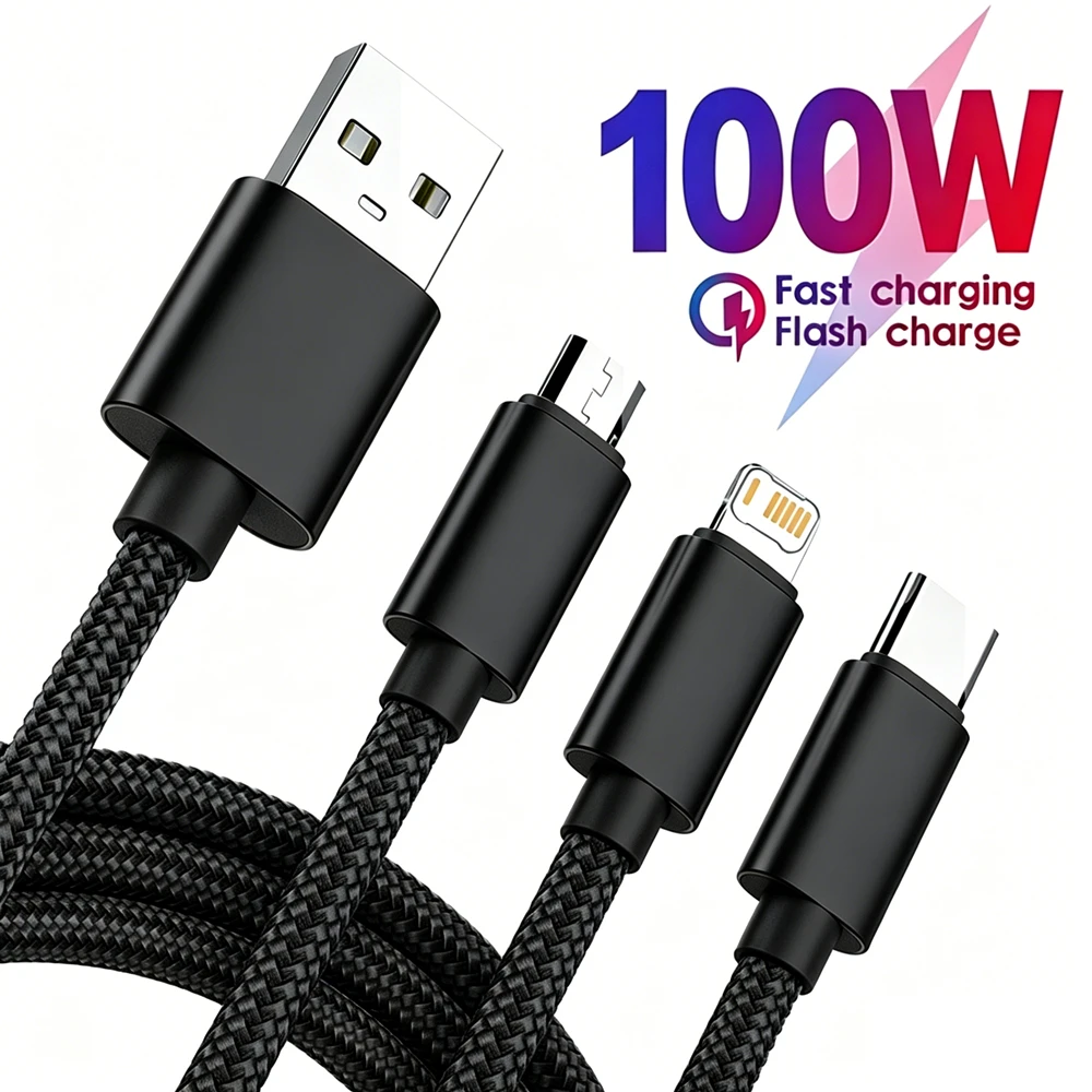 3 in 1 Universal Fast Charging Cable USB For iPhone Samsung Huawei Xiaomi Redmi POCO Micro USB Type C Quick Charge Braided Cable