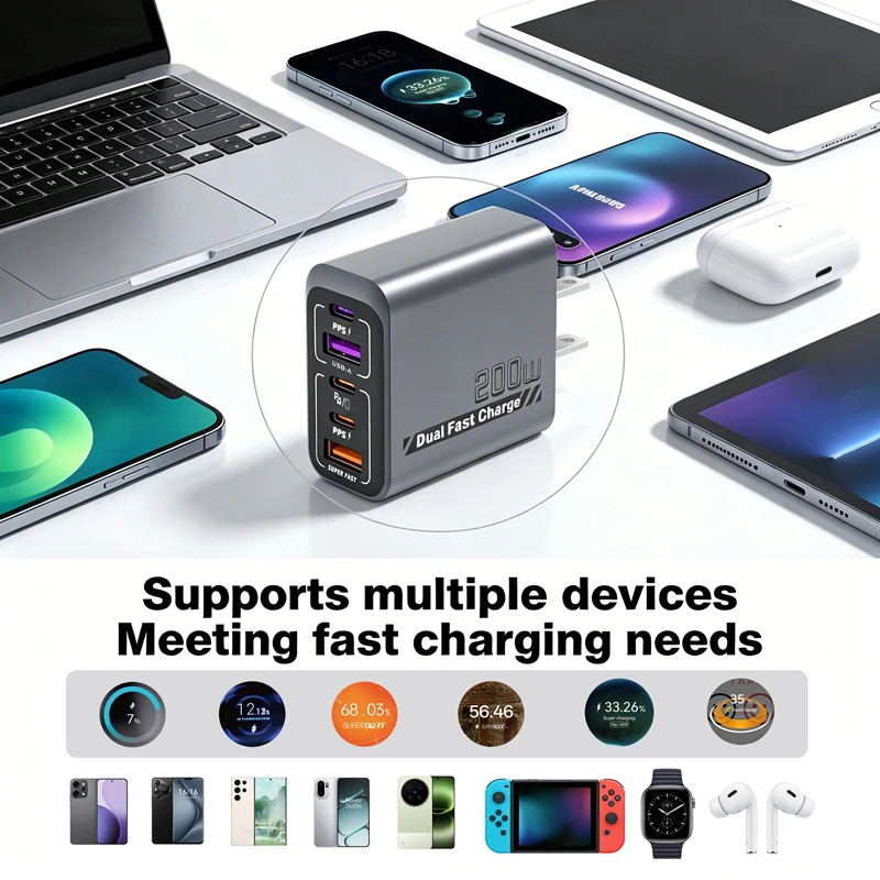 Lenovo 200W 2U + 3PD Multi-Port Charger Smart Full Protocol Intelligent Super-Fast Charger Compatible with EU US UK Standards