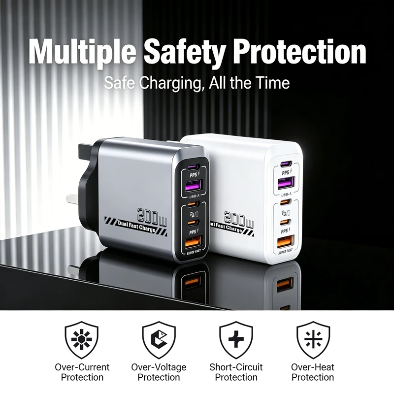 Lenovo 200W 2U + 3PD Multi-Port Charger Smart Full Protocol Intelligent Super-Fast Charger Compatible with EU US UK Standards