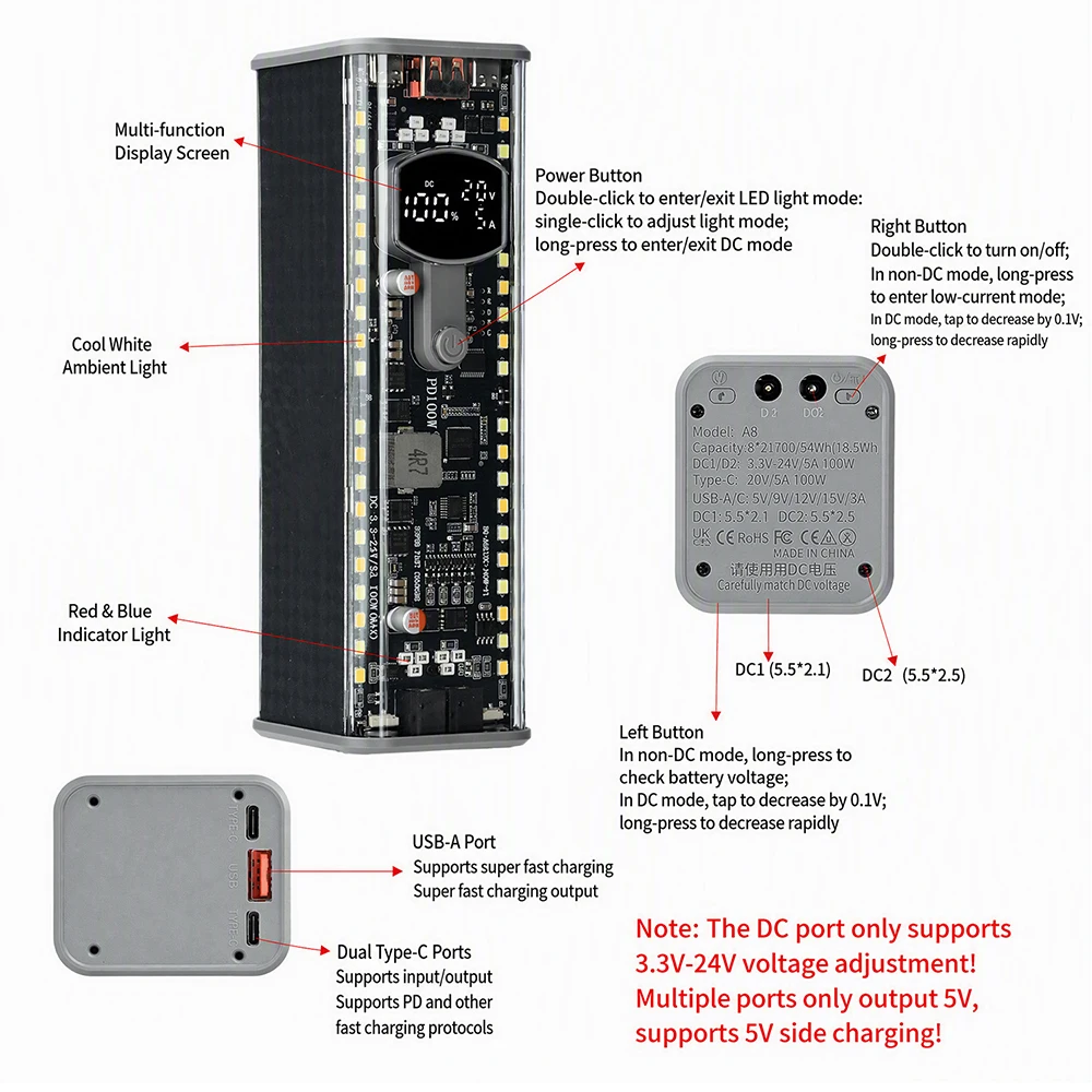 PD100W High-Power Power Bank Case Solder-Free 8-Cell 21700 Battery Holder DCVoltage Regulation High-Brightness LED Outdoor Light