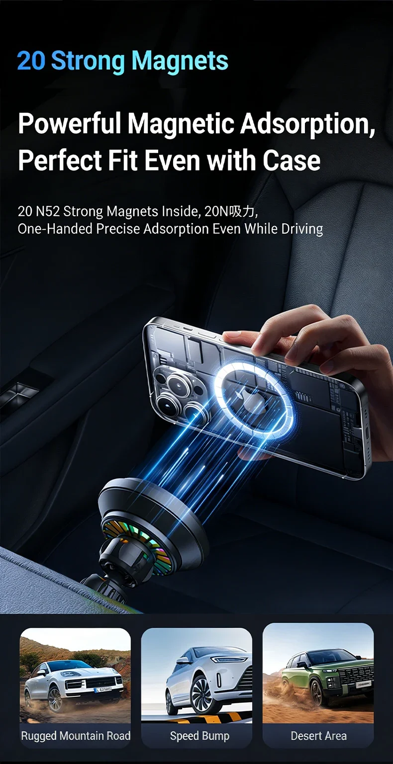 25W Cooling Magnetic Car Wireless Charger Holder RGB Light 360° Rotate Stand For Magsafe iPhone 17 Pro Max Samsung S26 Ultra