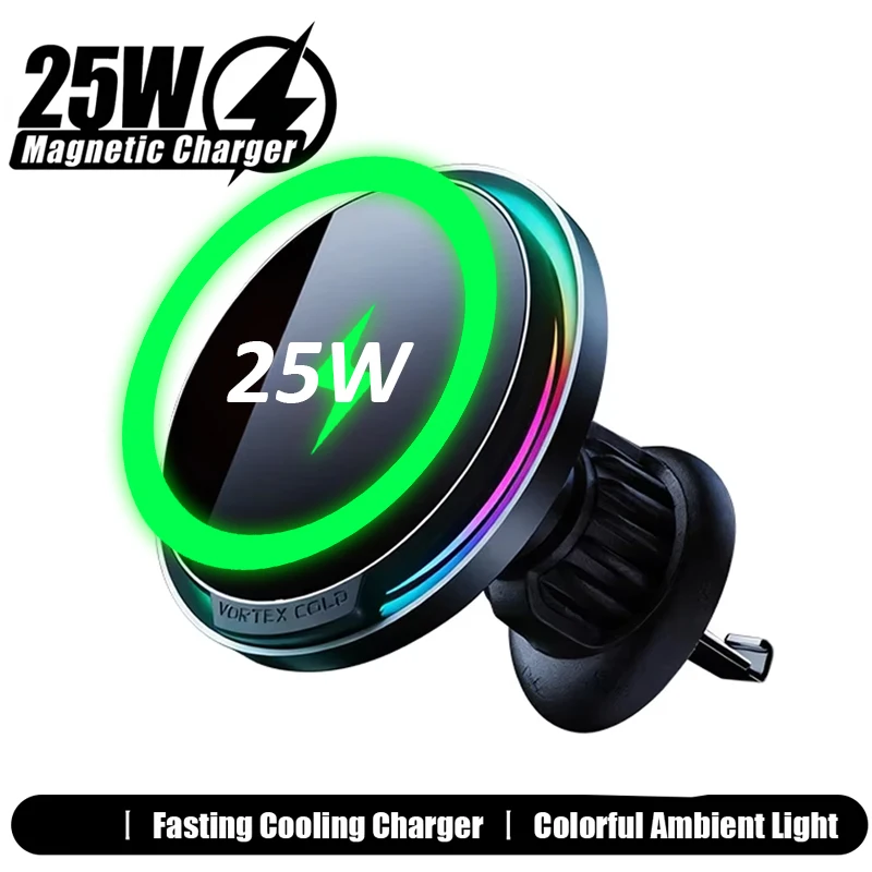 25W Cooling Magnetic Car Wireless Charger Holder RGB Light 360° Rotate Stand For Magsafe iPhone 17 Pro Max Samsung S26 Ultra