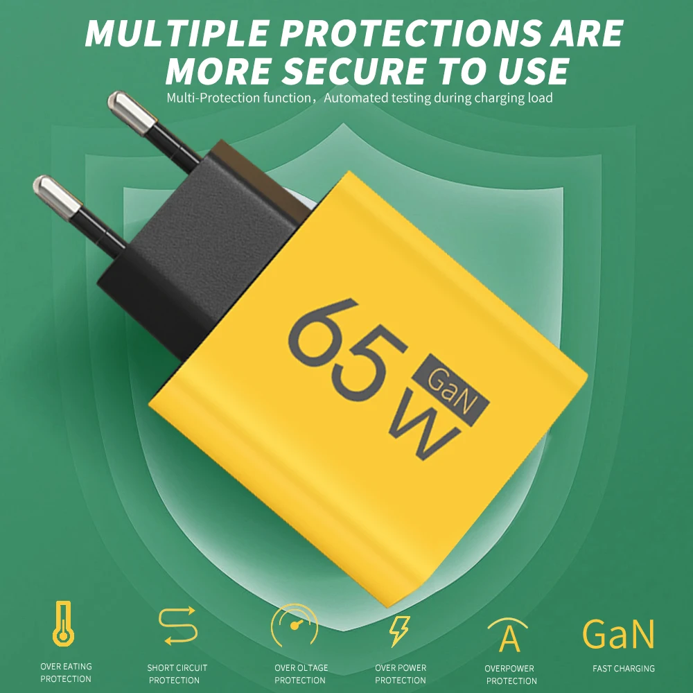 65W GaN USB C Charger Type C Fast Charge Charger Power Adapter For iPhone Samsung Xiaomi Huawei QC3.0 EU/US/KR Plug Wall Charger