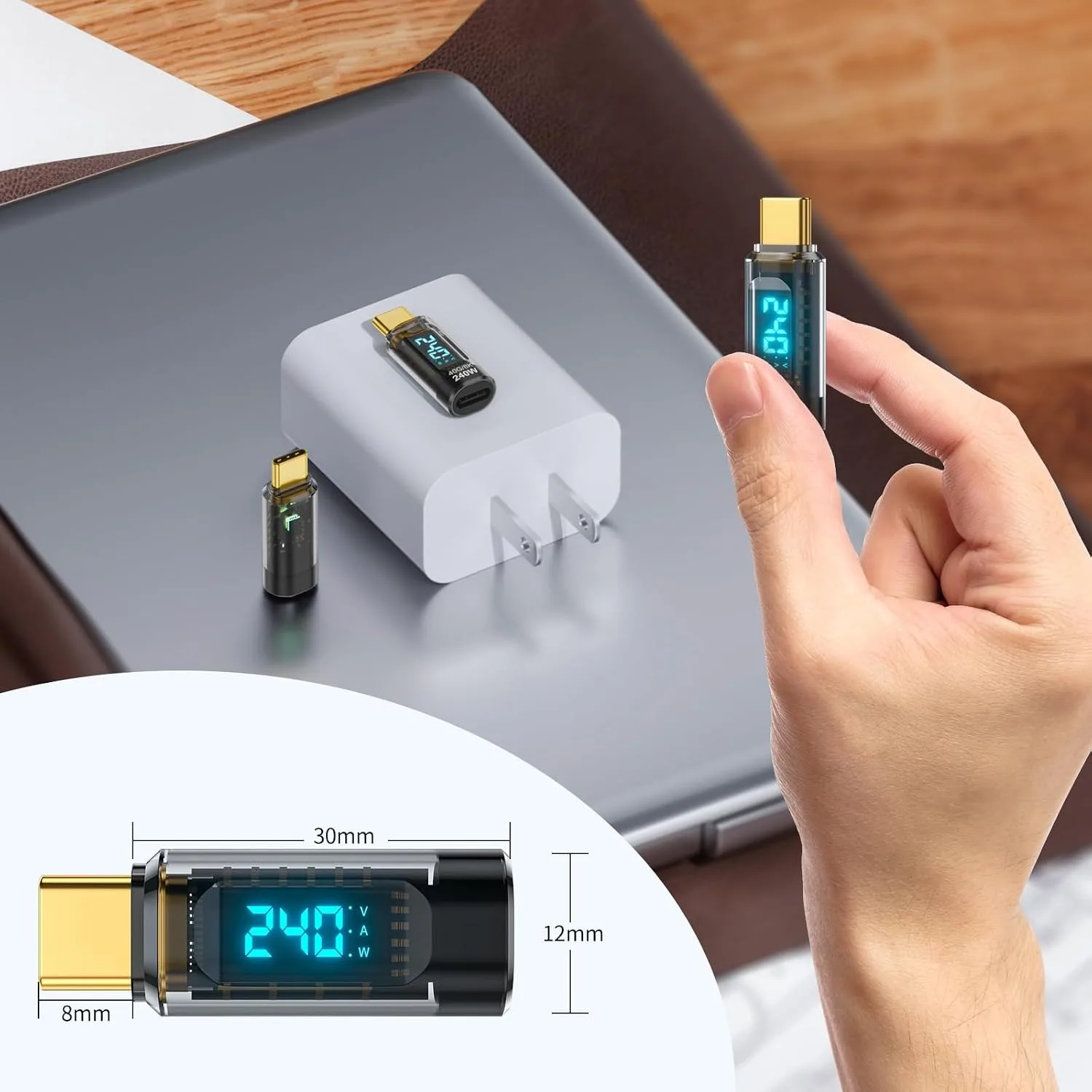 240W USB C Power Meter Tester LED Digital Display Voltage Current Wattage Detector Type C Male to Female Extender for SmartPhone