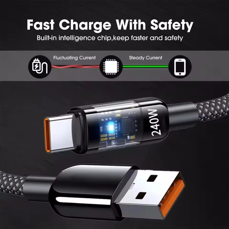 0.25/1/1.5/2M 240W Nylon USB C PD Super Fast Charging Data Cable With LED Display USB To Type C Quick Charge Data Cords New