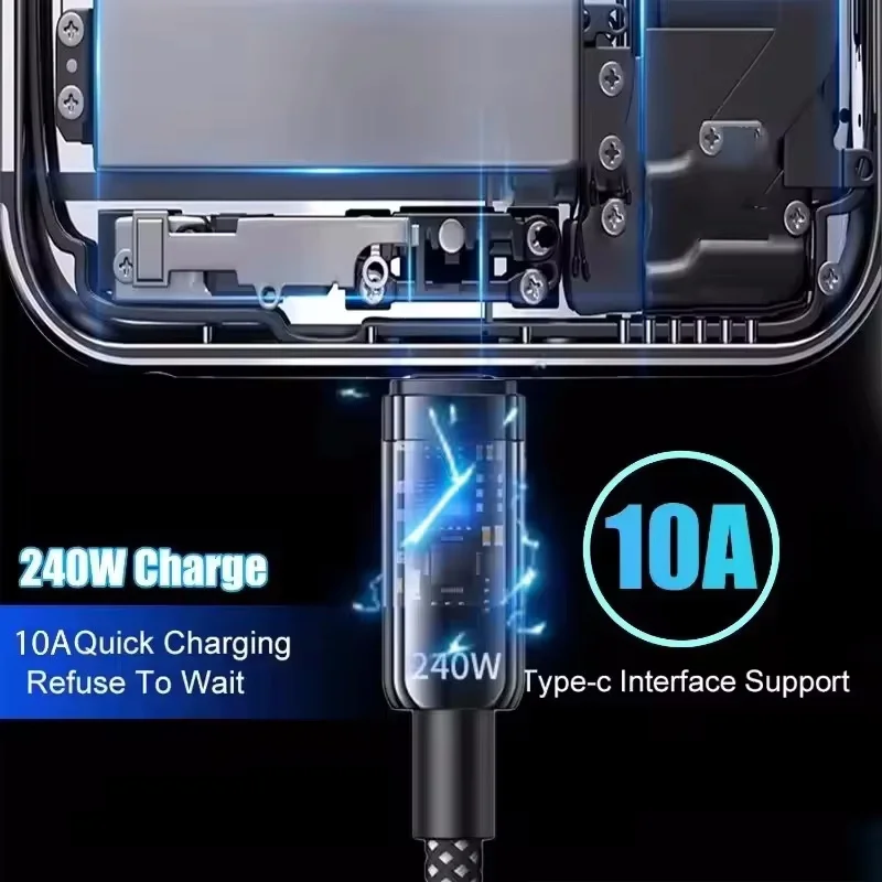 0.25/1/1.5/2M 240W Nylon USB C PD Super Fast Charging Data Cable With LED Display USB To Type C Quick Charge Data Cords New