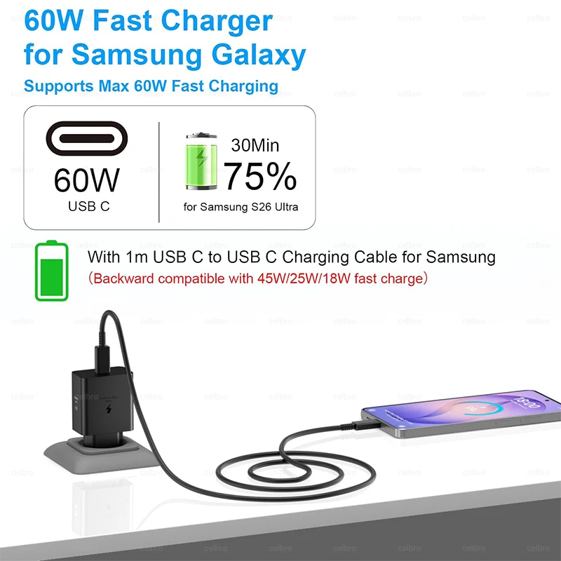 60W Samsung Original Fast Charger USB C Plug with USB C Cable Samsung S26 S25 S24 S23 S22 S21 Ultra Plus A57 A56 A36 A54 Adaptor
