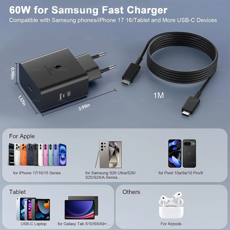 60W Samsung Original Fast Charger USB C Plug with USB C Cable Samsung S26 S25 S24 S23 S22 S21 Ultra Plus A57 A56 A36 A54 Adaptor