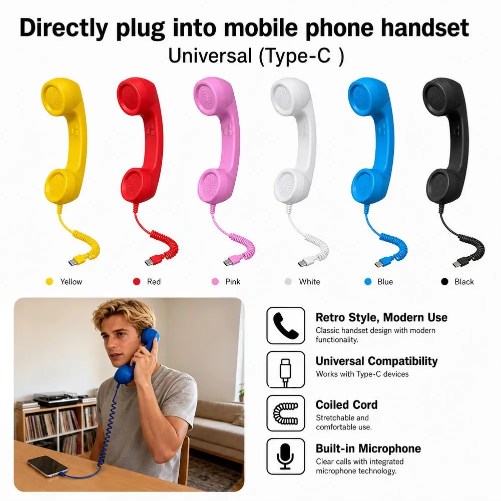 Type C Retro Telephone Handset Anti Radiation Cell Phone Receiver Wired Mic Earphone For iPhone Samsung Android Phone