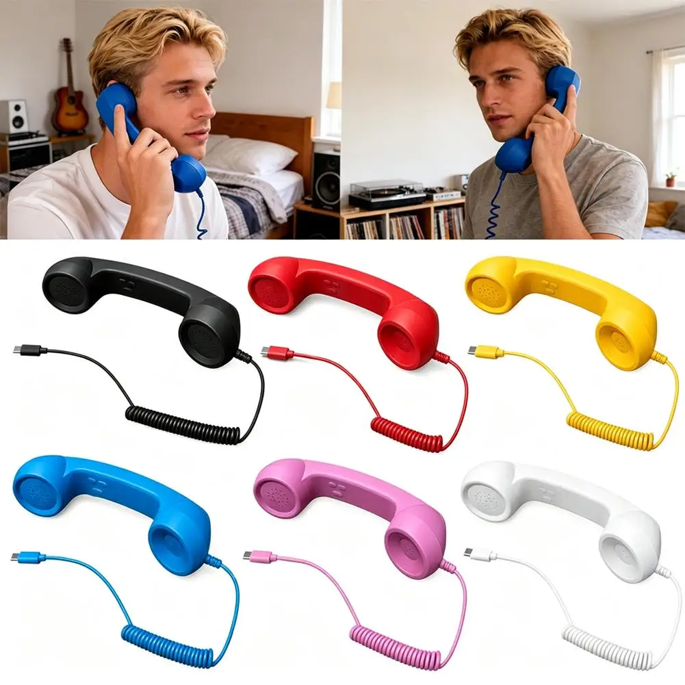 Type C Retro Telephone Handset Anti Radiation Cell Phone Receiver Wired Mic Earphone For iPhone Samsung Android Phone