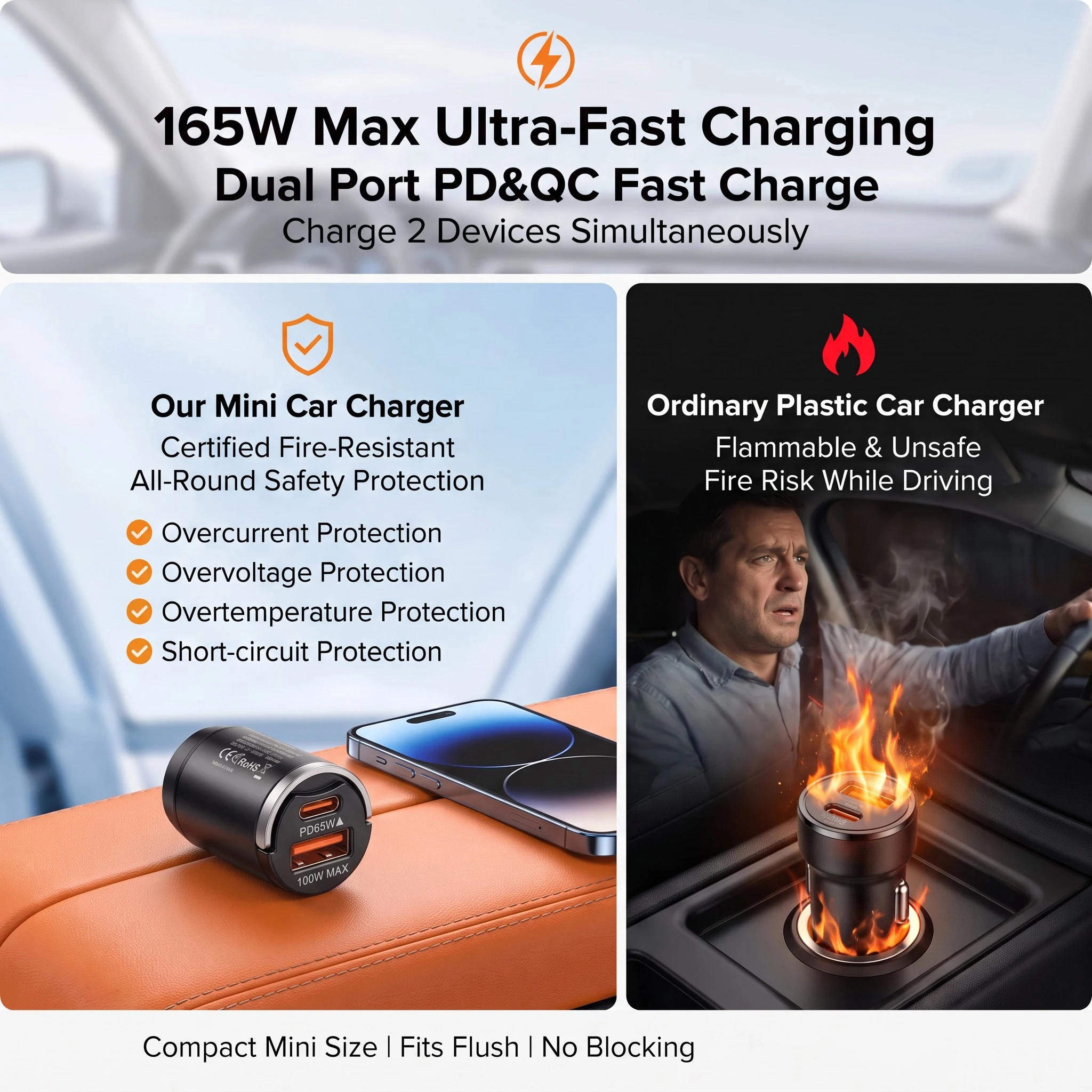 165W Travel Car Charger Dual Port 65W USB C and 100W USB A Output Durable Zinc Alloy Mini Body for Multiple Mobile Devices