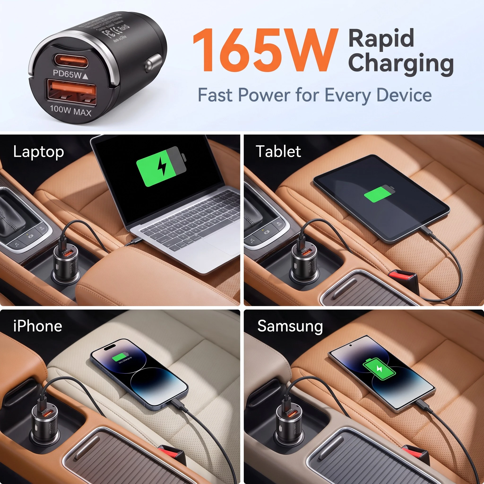 165W Travel Car Charger Dual Port 65W USB C and 100W USB A Output Durable Zinc Alloy Mini Body for Multiple Mobile Devices