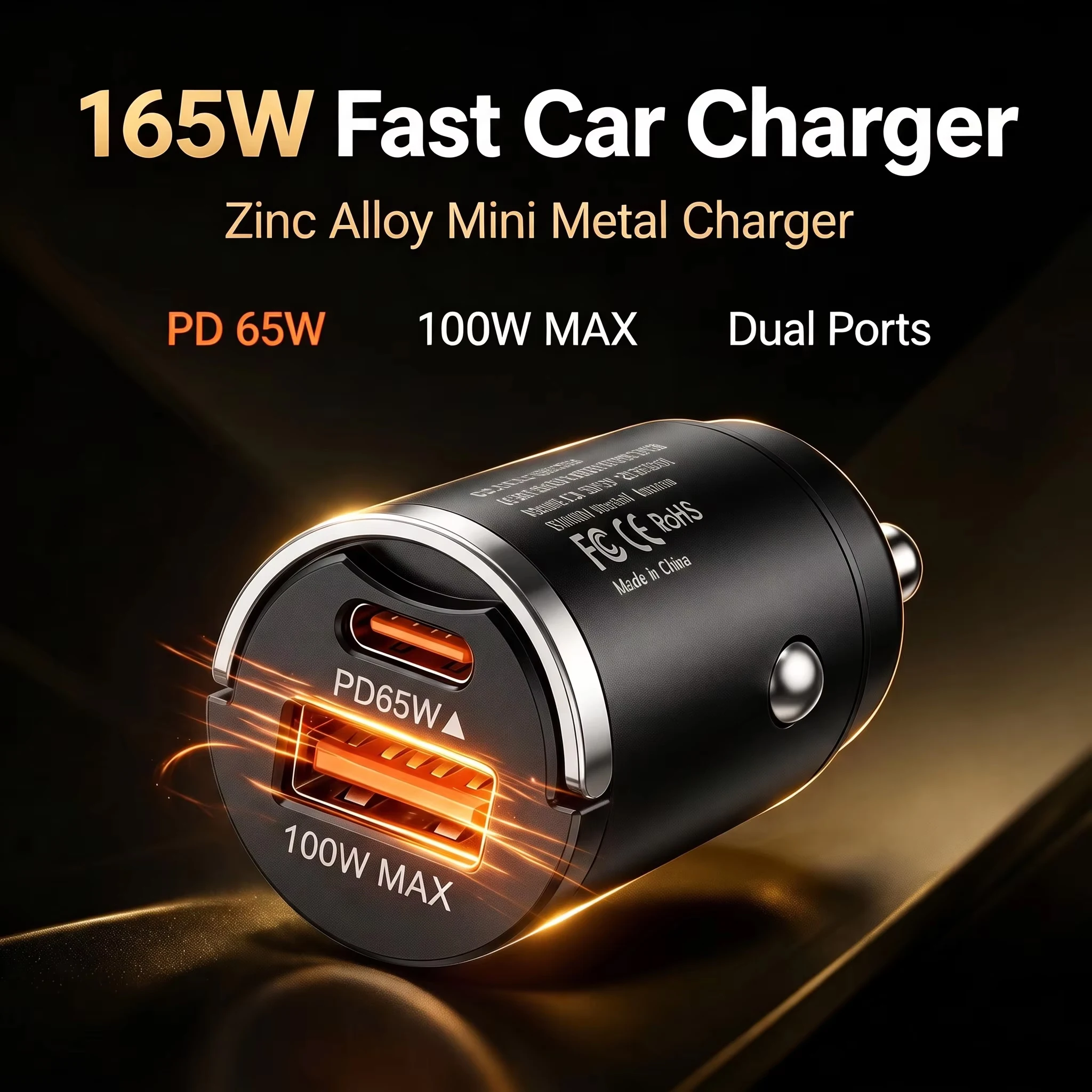 165W Travel Car Charger Dual Port 65W USB C and 100W USB A Output Durable Zinc Alloy Mini Body for Multiple Mobile Devices