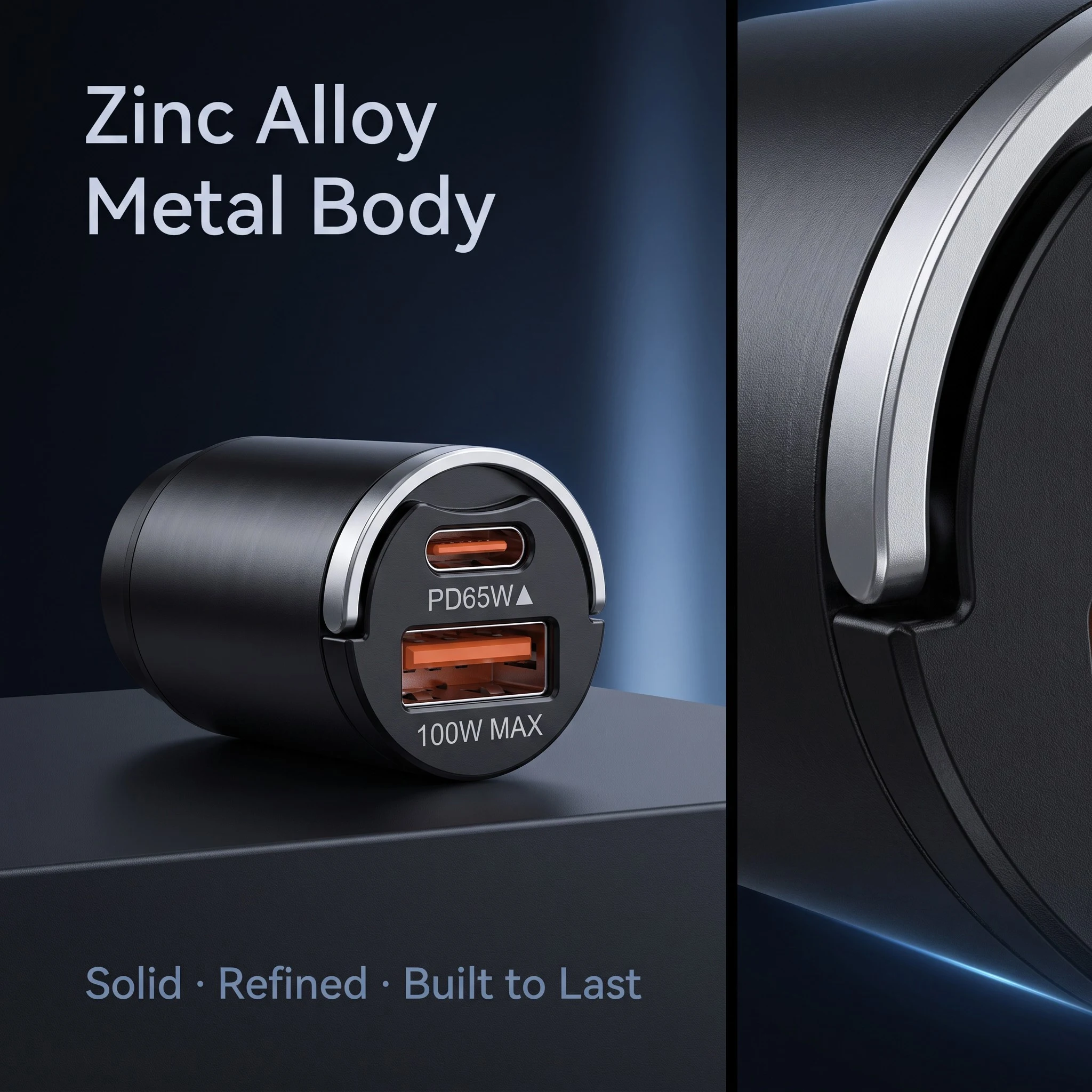 165W Travel Car Charger Dual Port 65W USB C and 100W USB A Output Durable Zinc Alloy Mini Body for Multiple Mobile Devices